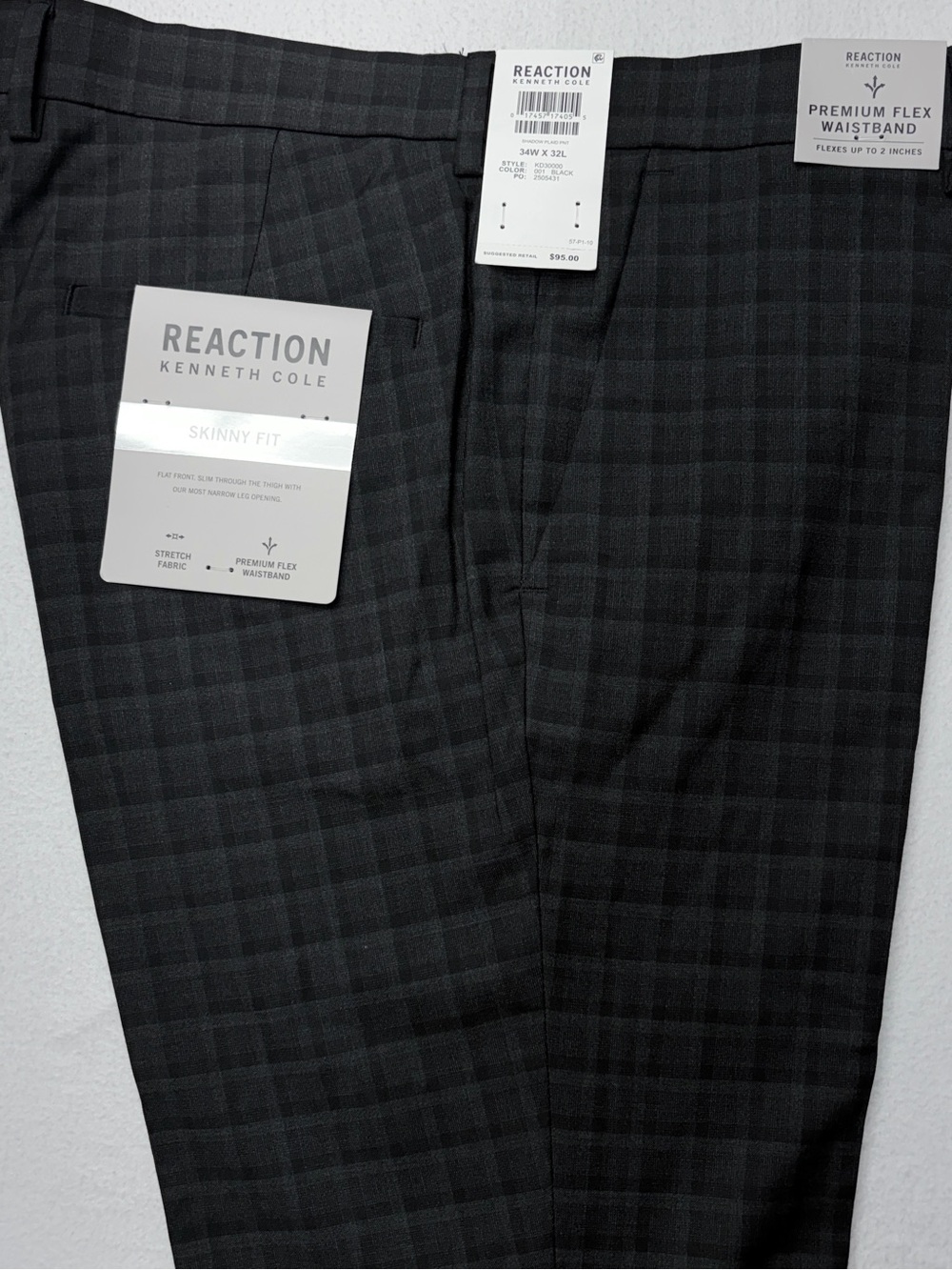 Kenneth Cole Reaction Skinny Fit Plaid Pants Black 34x32 NWT